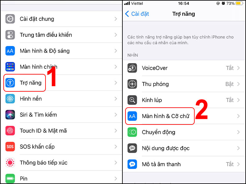 Truy cập cài đặt màn hình và cỡ chữ